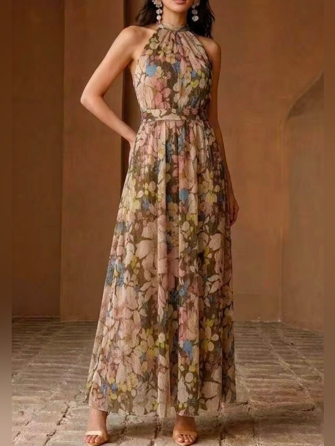 New Chic Floral Textured Tie Back Halter Maxi Dress Sleeveless Tan Pink Multi